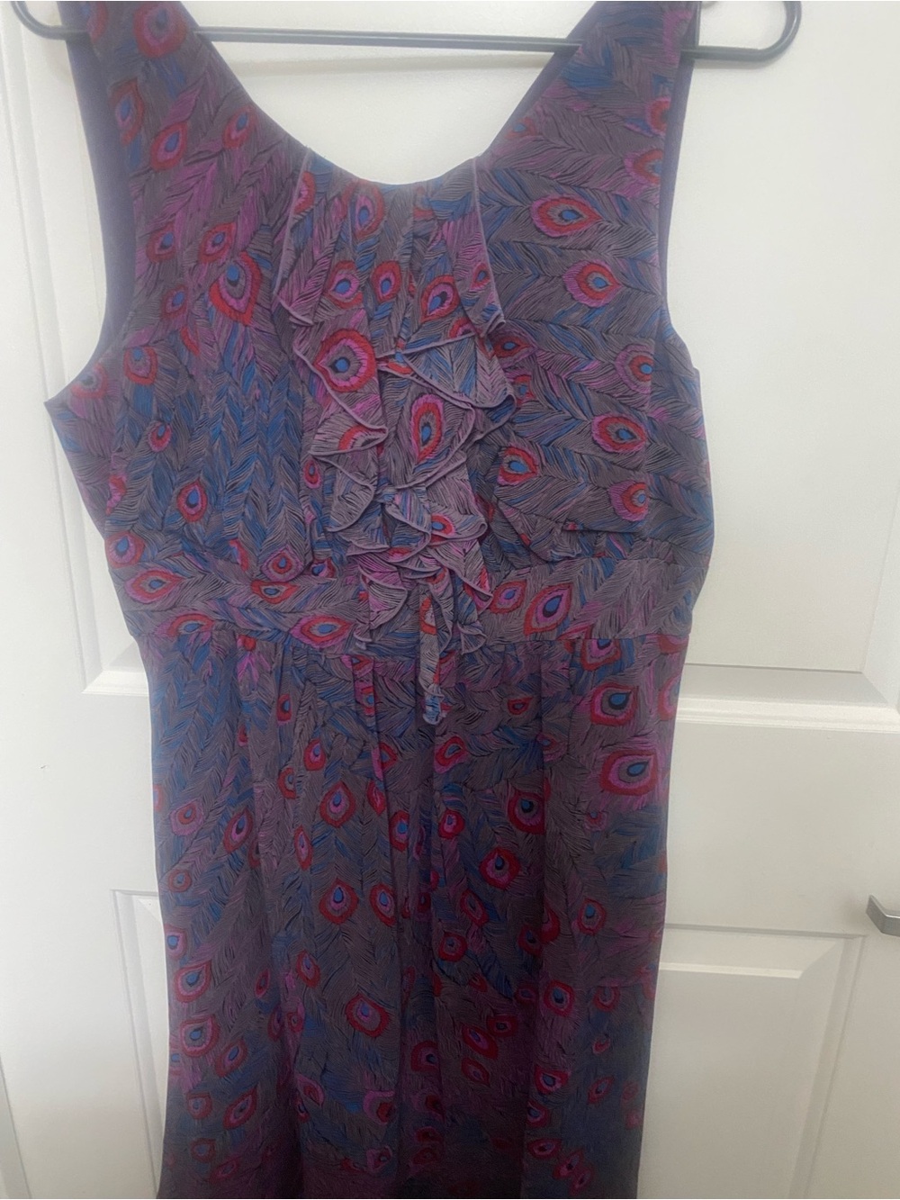 I Love Ronson Sleeveless Midi Dress in Purple Peacock Print with Ruffle Front